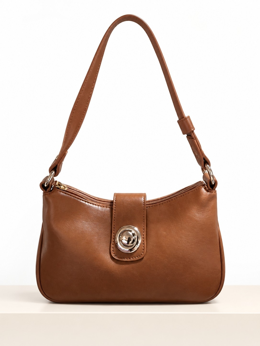 Classic Tan Shoulder Bag with Squeeze-Lock Closure